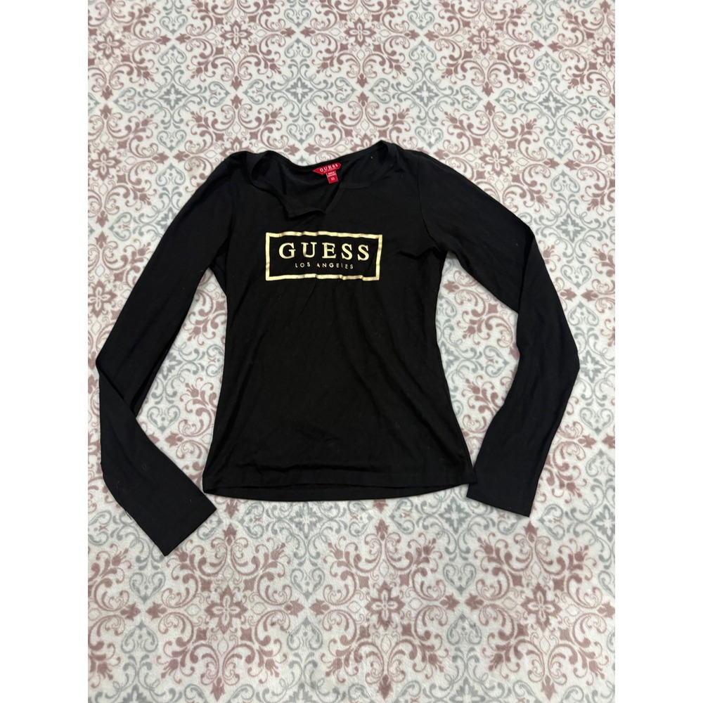Guess Los Angeles Womens Black Gold Metallic Box Logo Notch Neck Long Sleeve XS